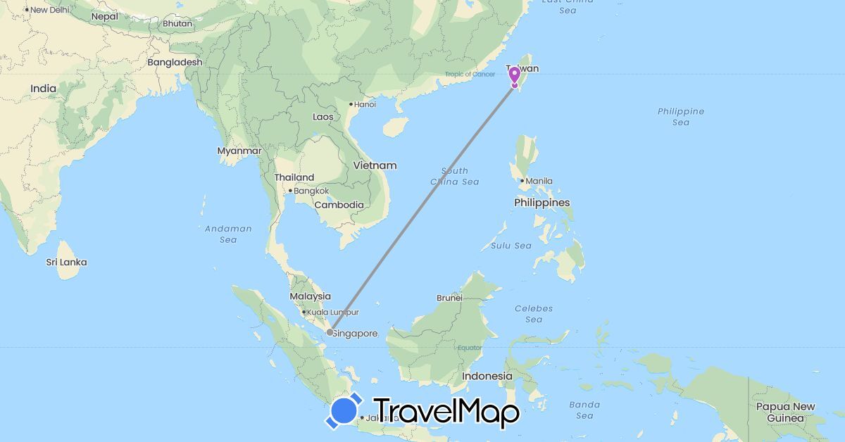 TravelMap itinerary: driving, bus, plane, cycling, train, hiking, boat in Singapore, Taiwan (Asia)